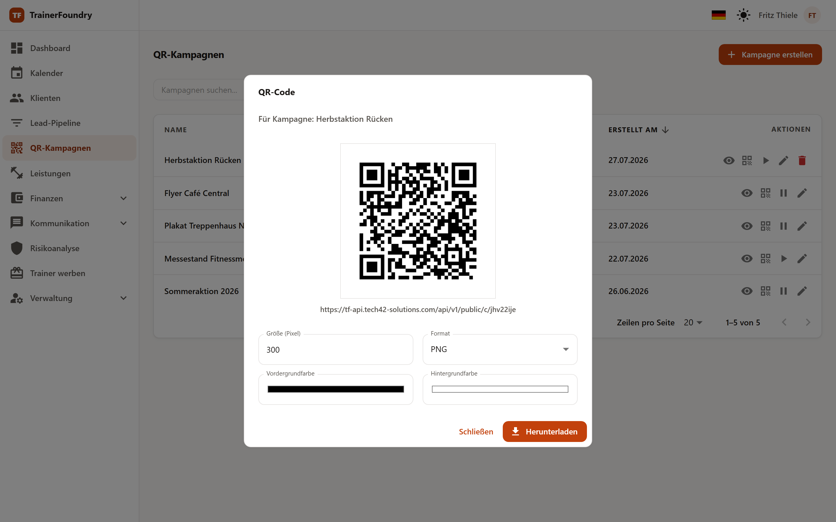 Der Dialog „QR-Code“ mit der Vorschau des Codes, den Einstellungen für Größe, Format, Vordergrund- und Hintergrundfarbe sowie der Schaltfläche Herunterladen.