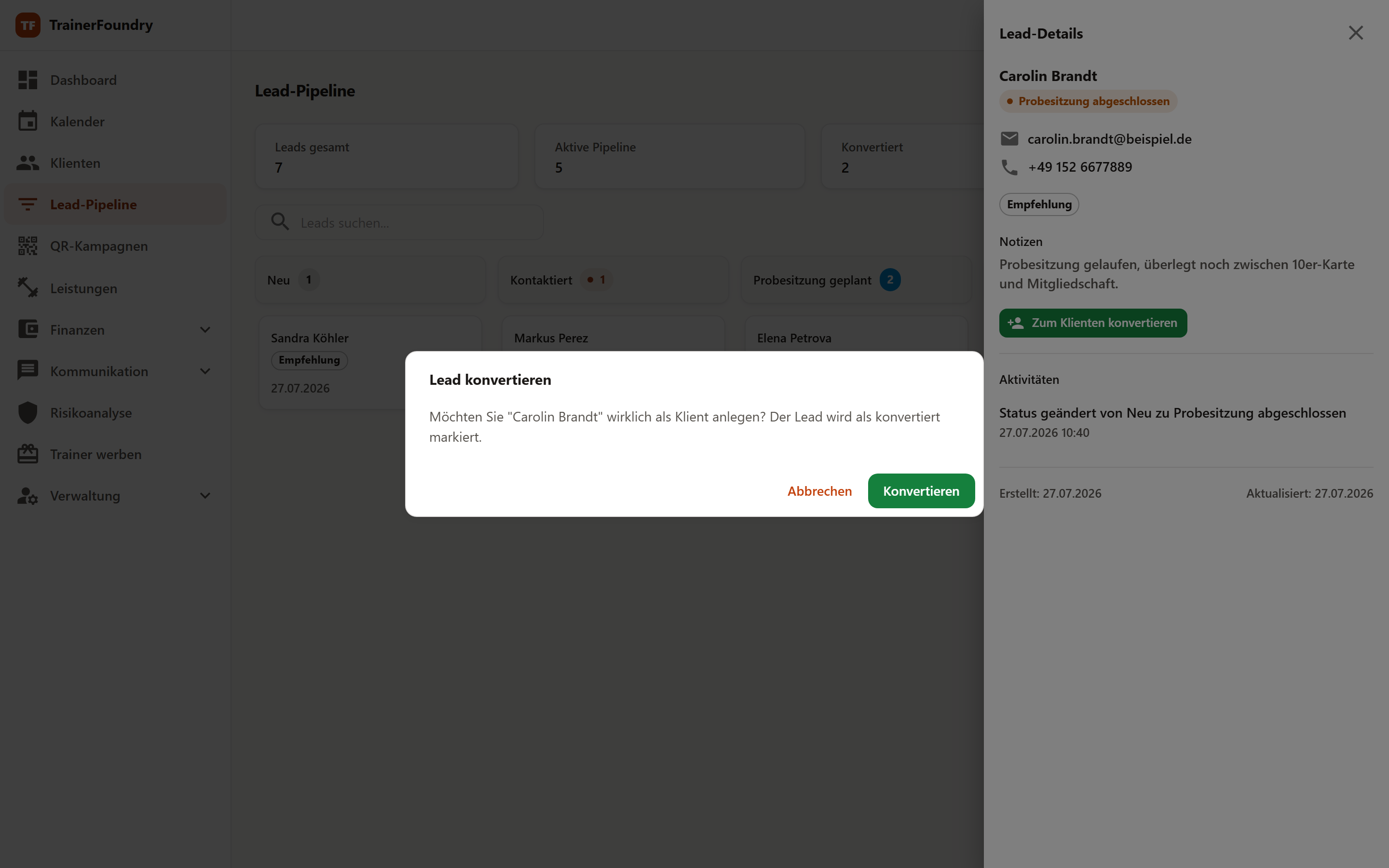Der Dialog „Lead konvertieren“ mit der Rückfrage, ob die Person wirklich als Klient angelegt werden soll.