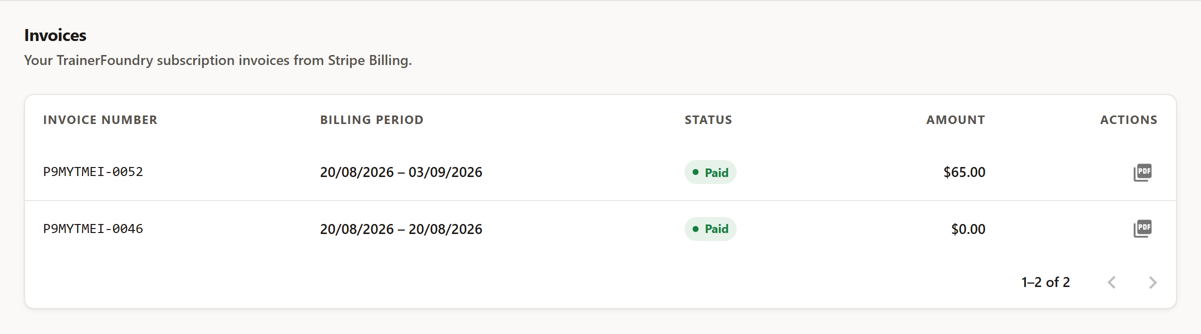 The 'Invoices' page with a table of invoice number, billing period, status, amount and a PDF icon per row; two rows with the 'Paid' status.