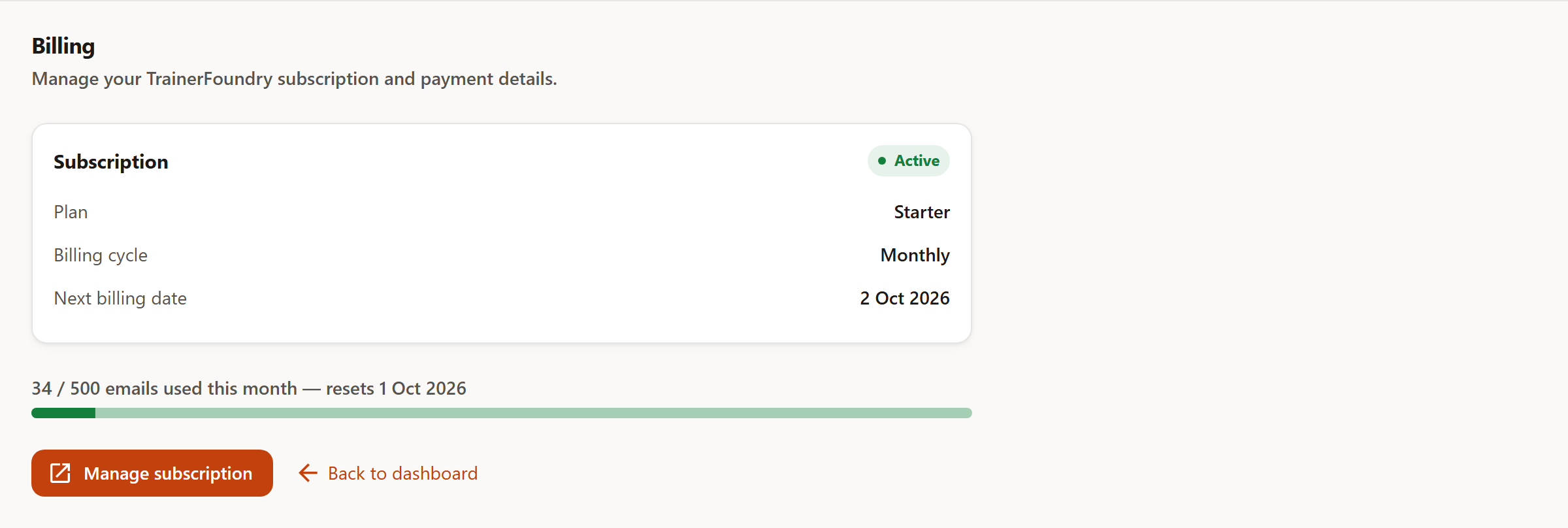 The 'Billing' page with the Subscription card (Active badge, Starter plan, next billing date 2 Oct 2026), the monthly email-usage bar (resets 1 Oct 2026) and the 'Manage subscription' button.