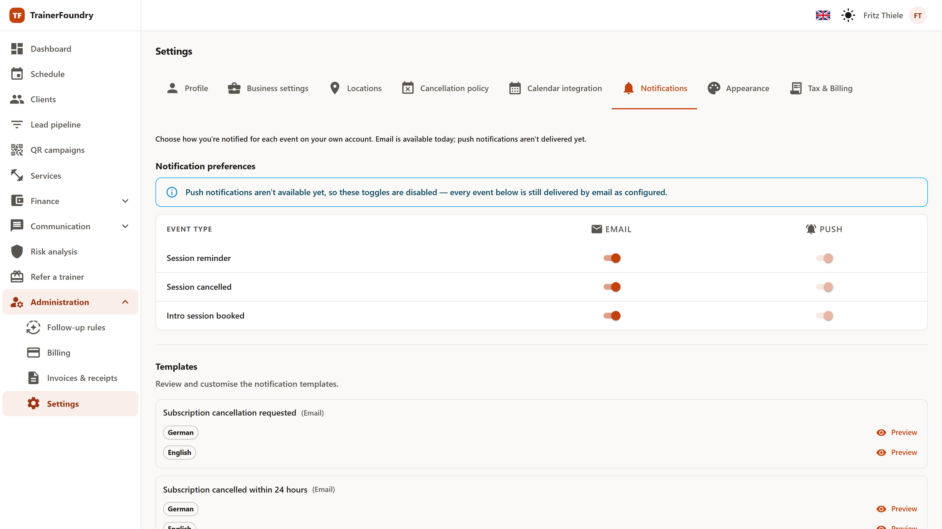 The notification settings with a table of event types and toggles per channel.