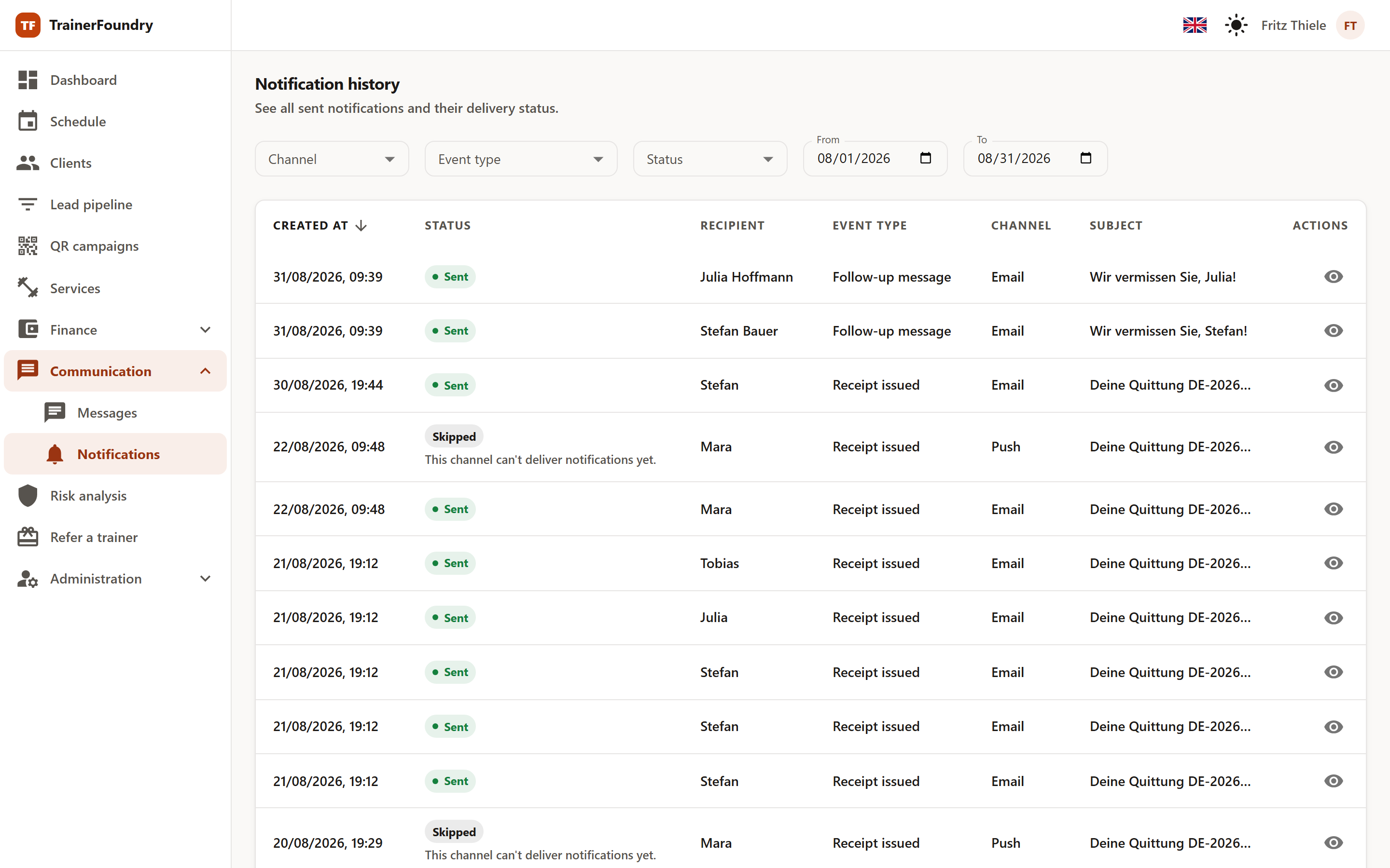 The send history: a table with creation time, status, recipient, event type, channel and subject for each message sent, with the channel, event type, status and date-range filters above it.