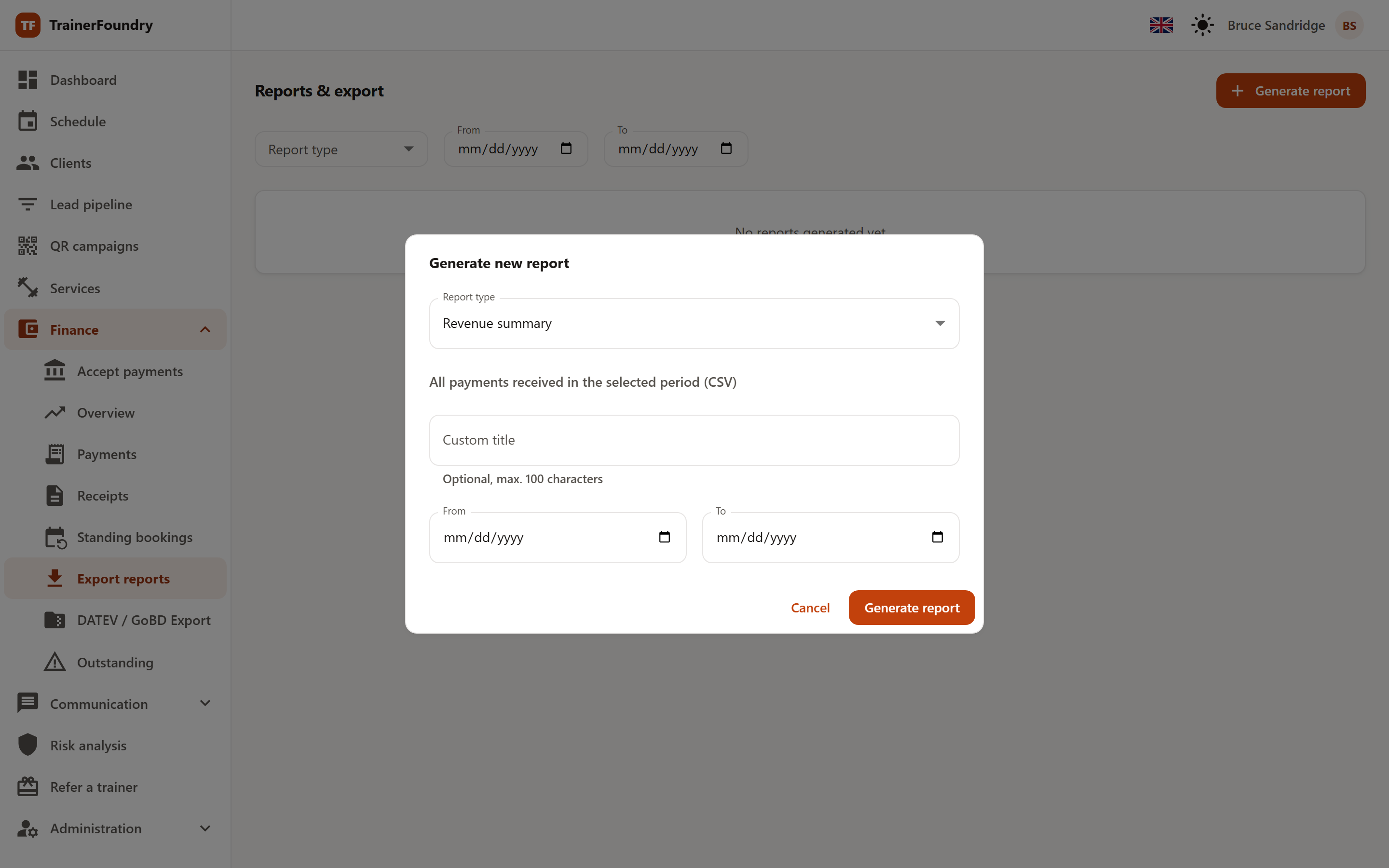 The 'Generate new report' dialog with report type, a custom title and the From/To fields, with no format choice.