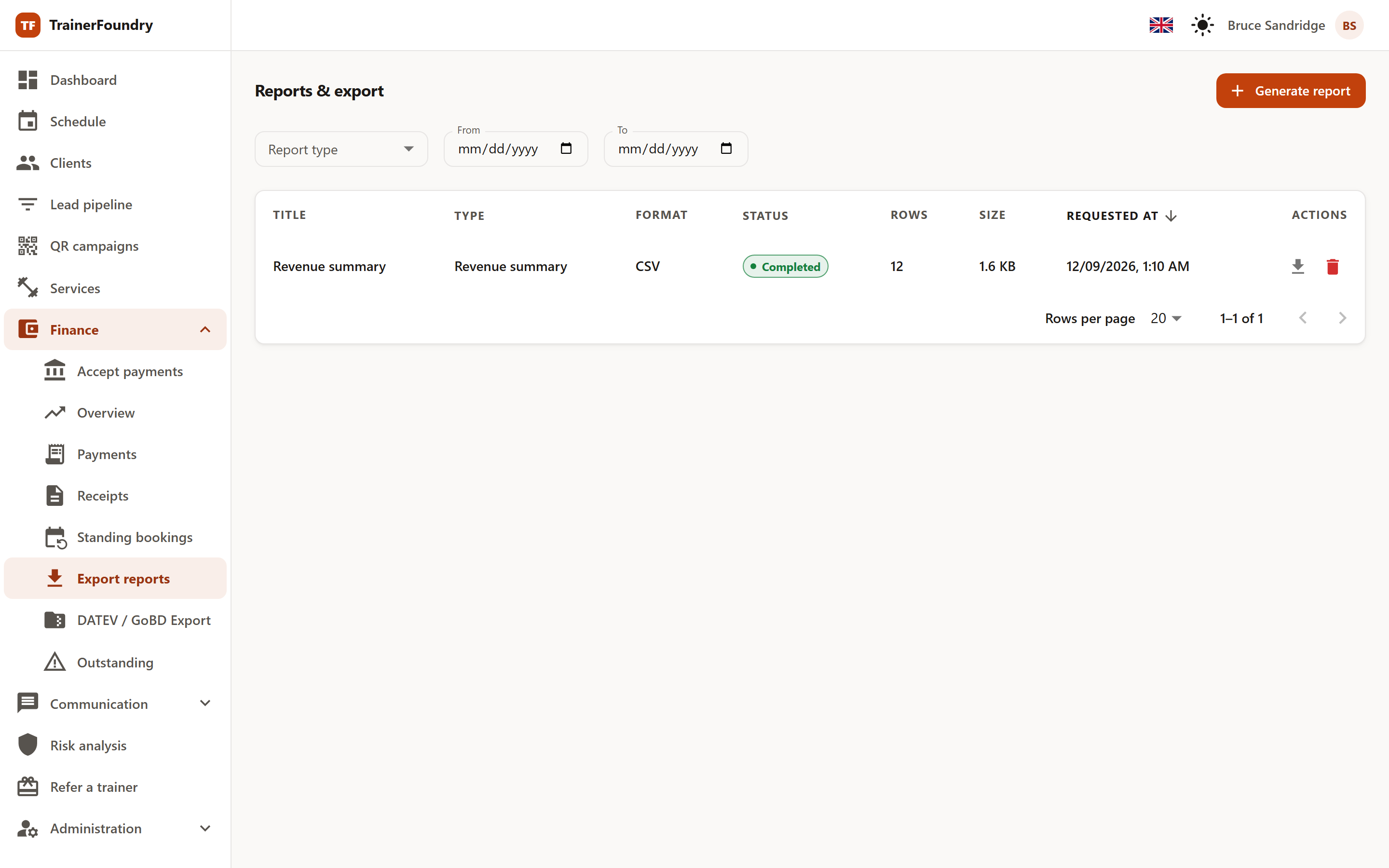 The reports list with the filters for report type and period, and the table of title, type, format, status, rows, size and date requested.