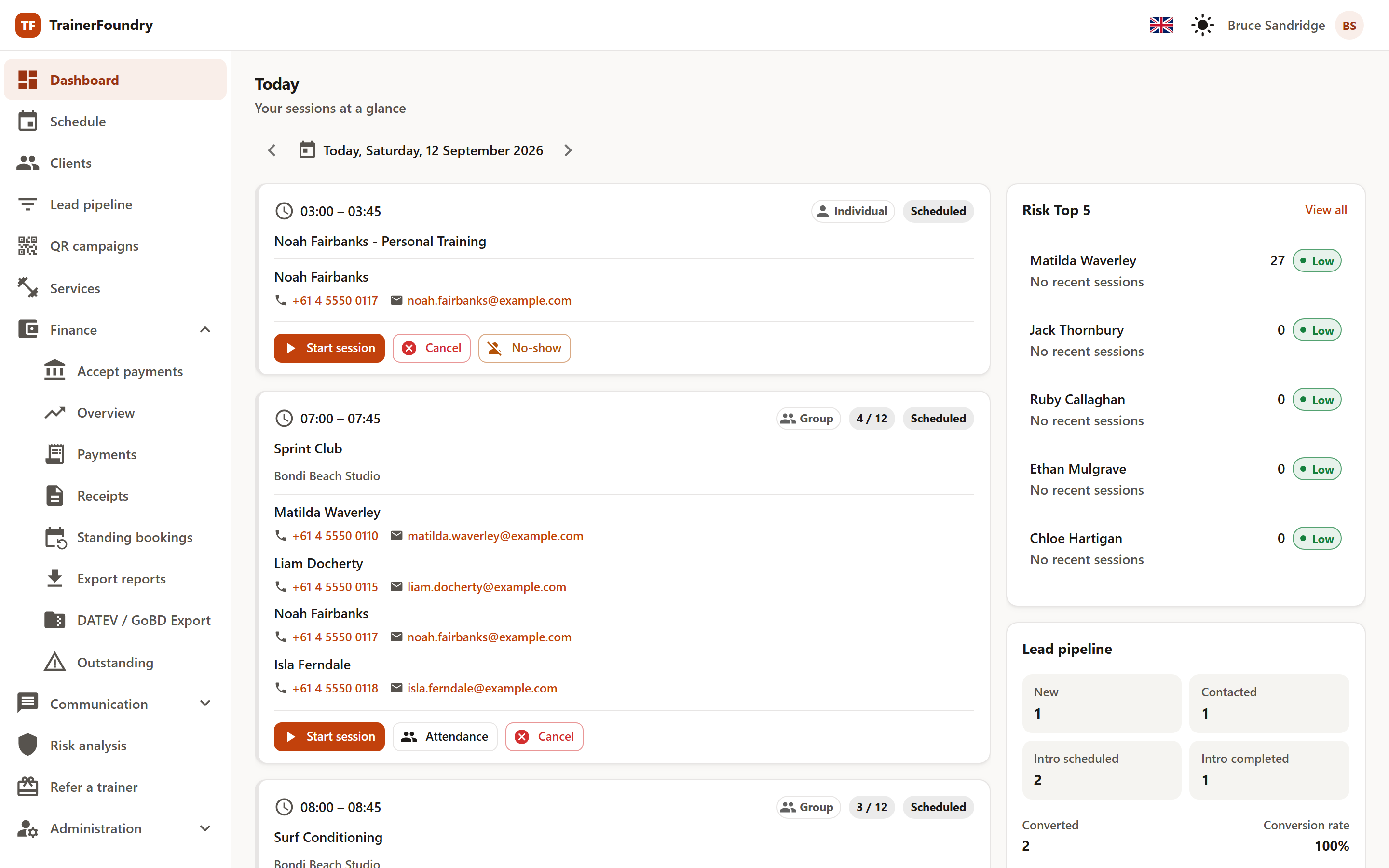 TrainerFoundry dashboard: daily agenda, lead pipeline and risk overview at a glance