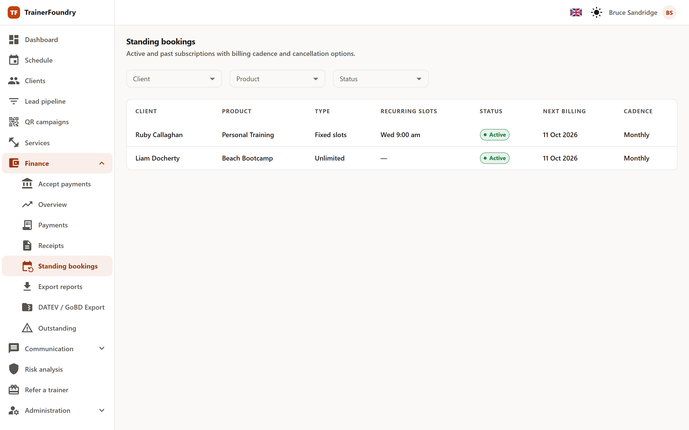 The standing bookings overview with the table of client, product, type, recurring slots, status, next billing and cadence.