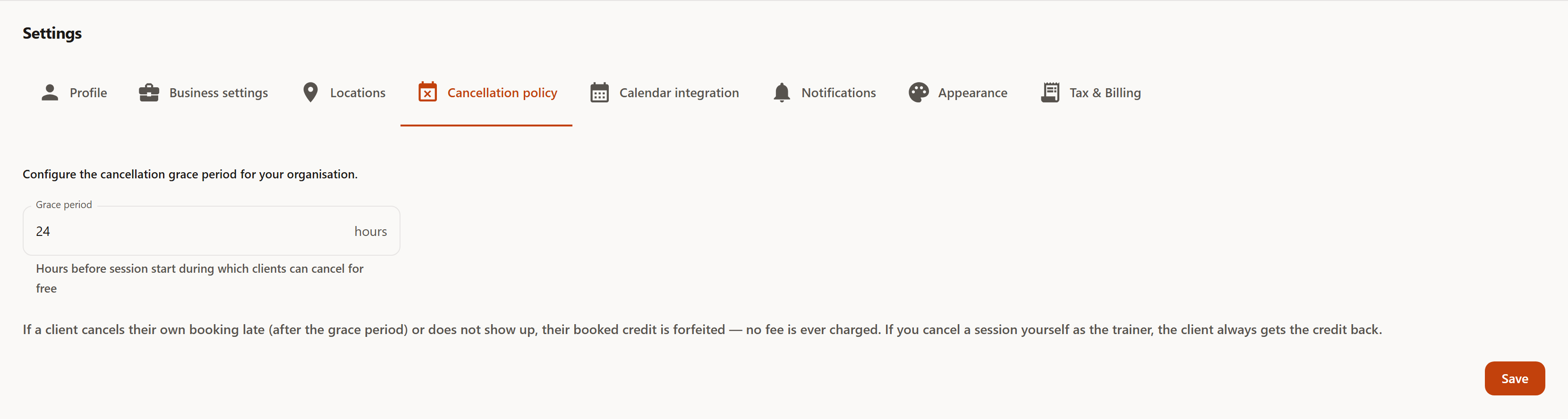 The Cancellation policy tab with a 24-hour grace period and a notice that a client's own late cancellation or no-show forfeits the booked credit, while a trainer-initiated cancellation always gives the client their credit back — no fee either way.