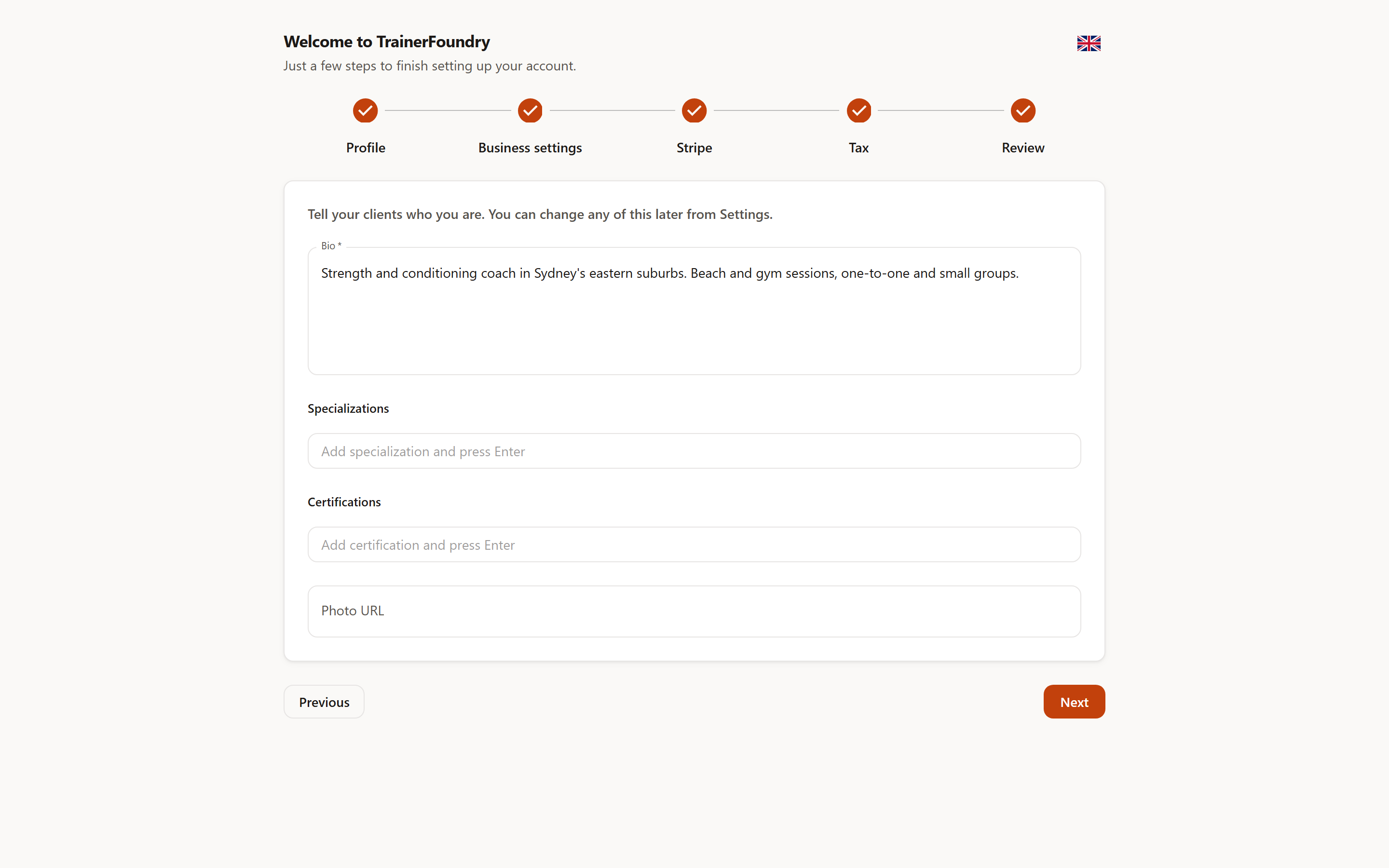 The 'Profile' step of the setup wizard with the progress bar across the five steps, the required Bio field, the Specializations and Certifications lists, and the Photo URL field.