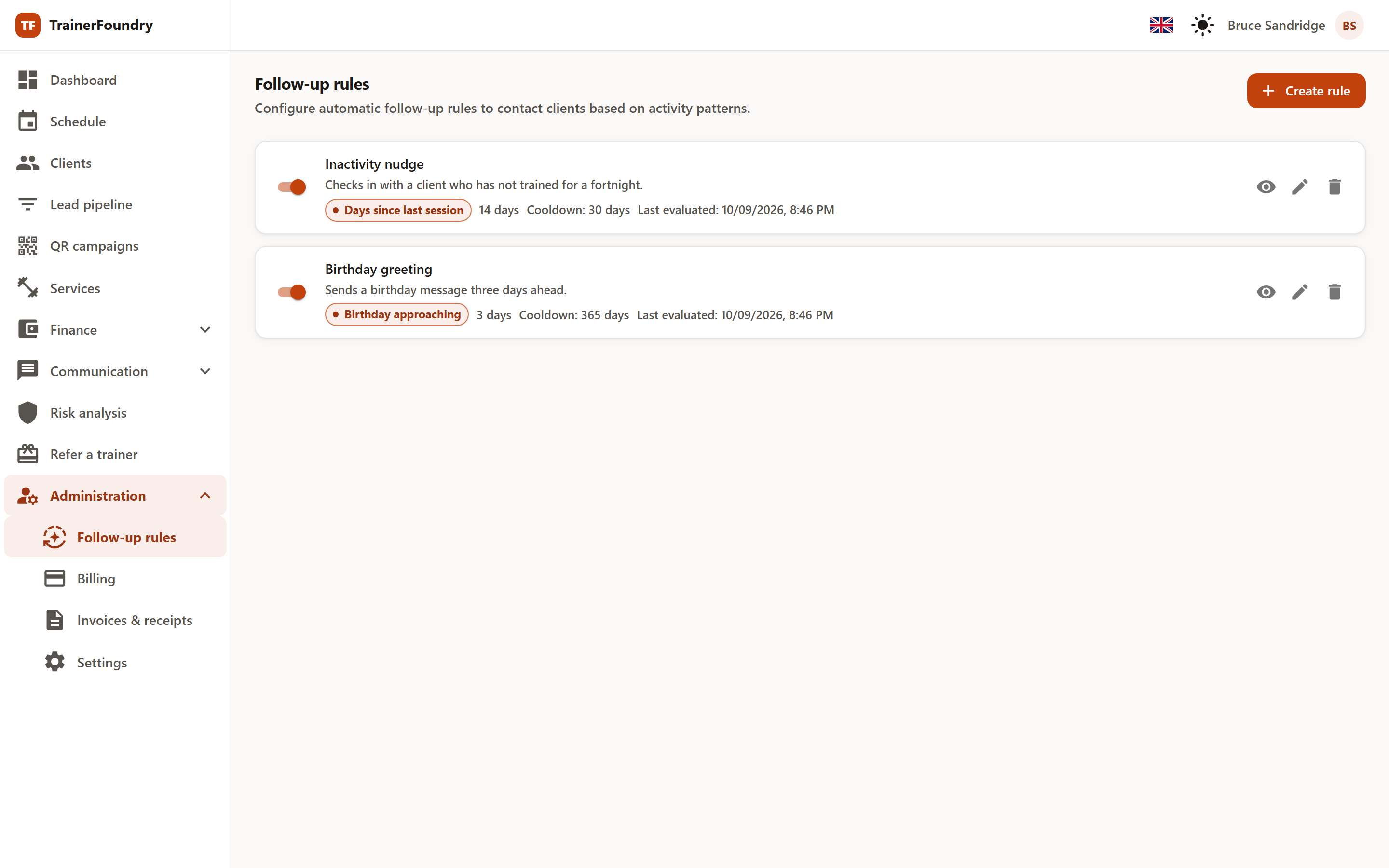 Screenshot: follow-up rules with triggers and execution log