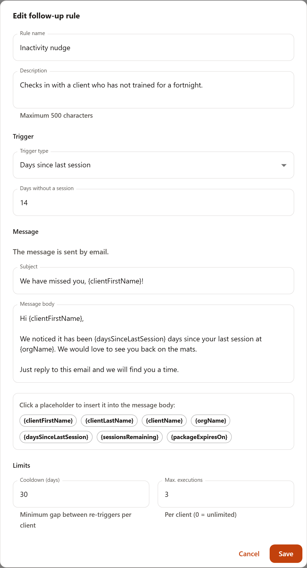 The rule form with rule name, description, the Trigger section with trigger type and threshold, the Message section with subject, message text and placeholder chips, and the Limits section with cooldown and maximum executions.