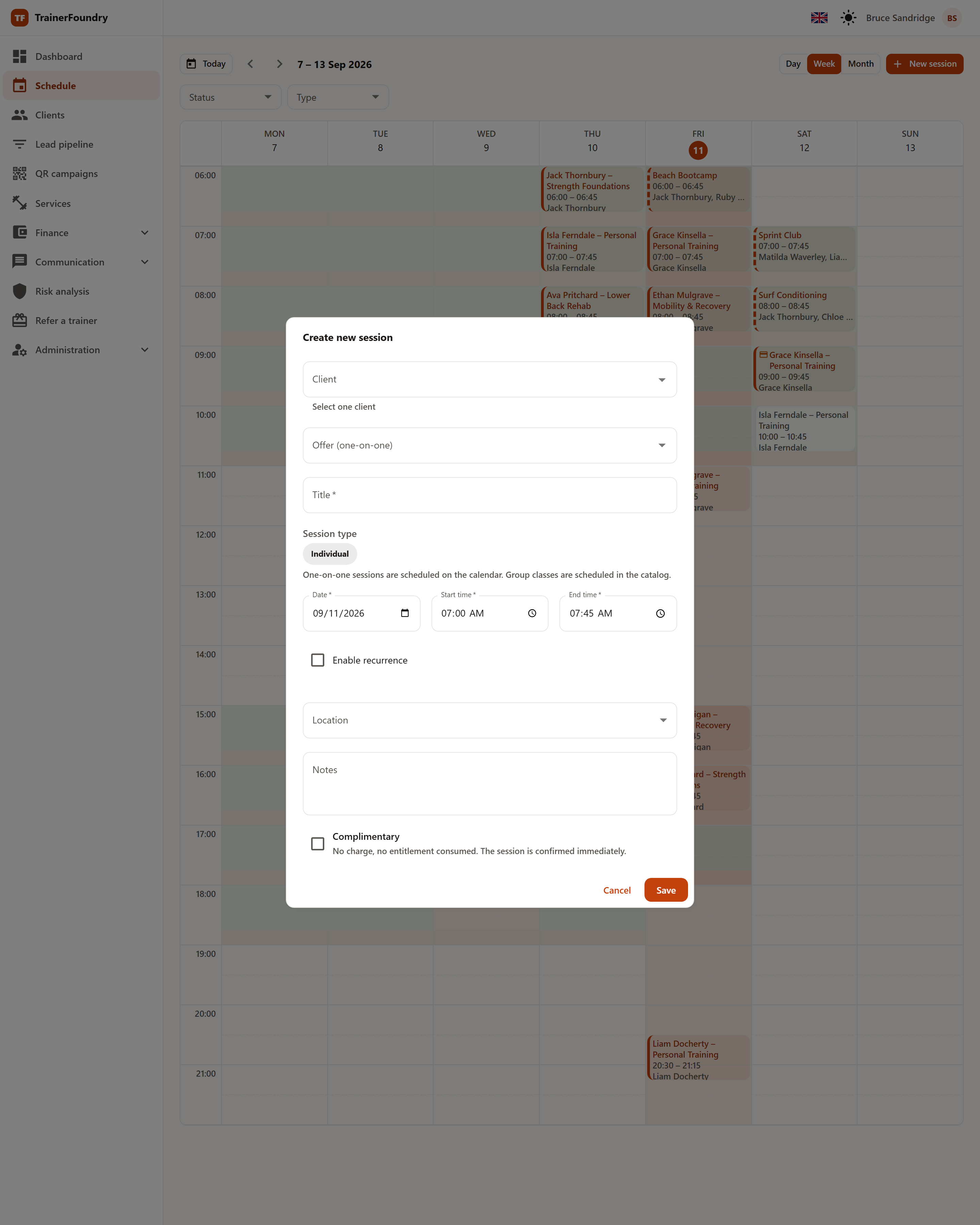 The “Create new session” dialog with the Client, Offer, Title, Session type, Date, Start time and End time fields.
