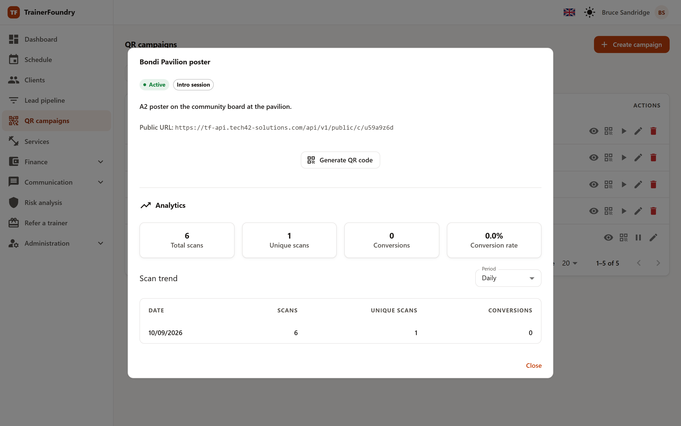 A campaign's detail view with the four figures Total scans, Unique scans, Conversions and Conversion rate, and below them the scan history as a table by date.
