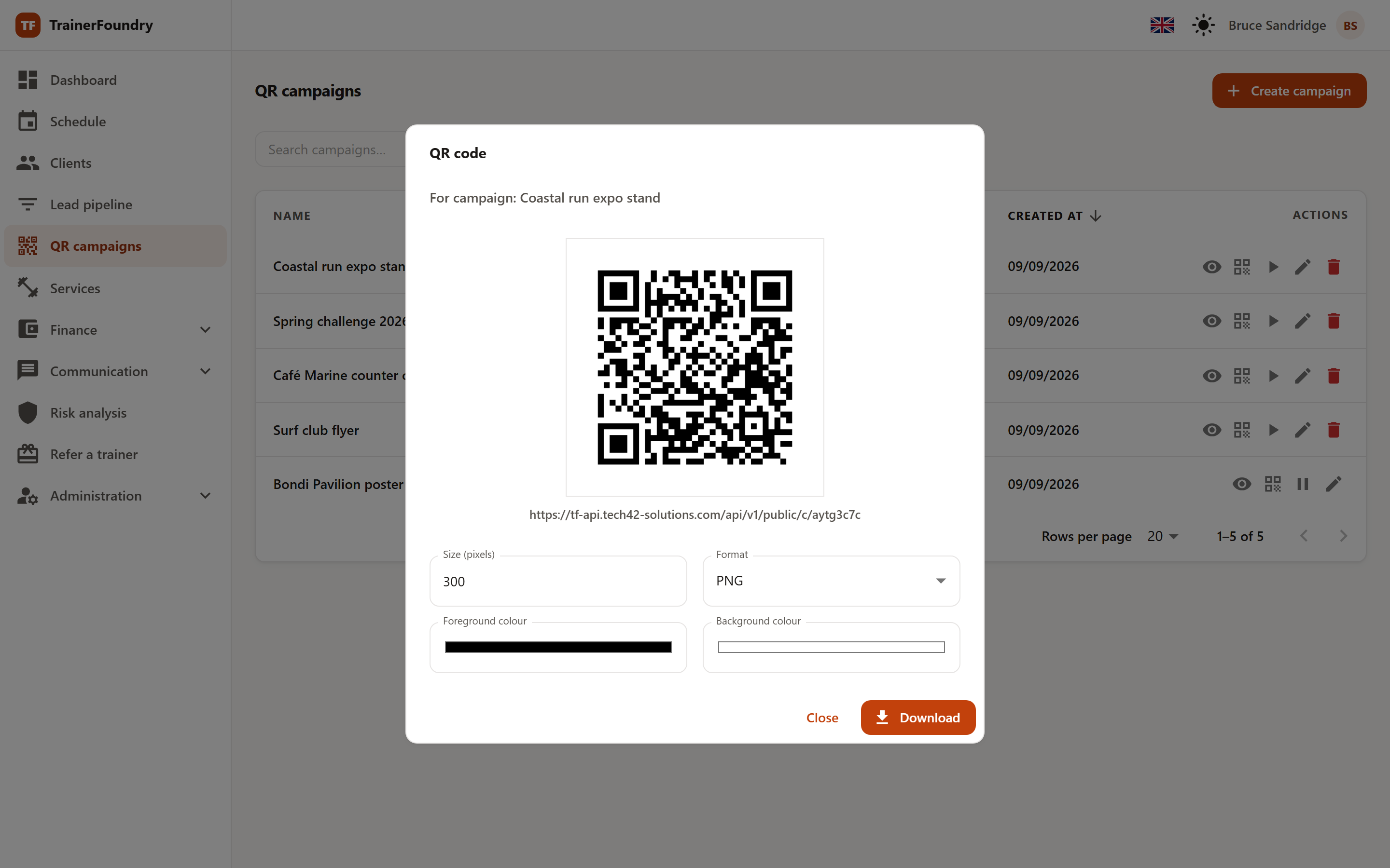 The “QR code” dialog with the code preview, the size, format, foreground- and background-colour settings, and the Download button.