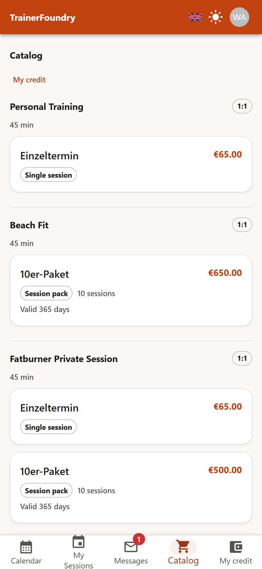 The “Catalog” tab with the training types Personal Training, Beach Fit and Fatburner Private Session, one card per offer with type (single session or session pack), price, unit count and validity.