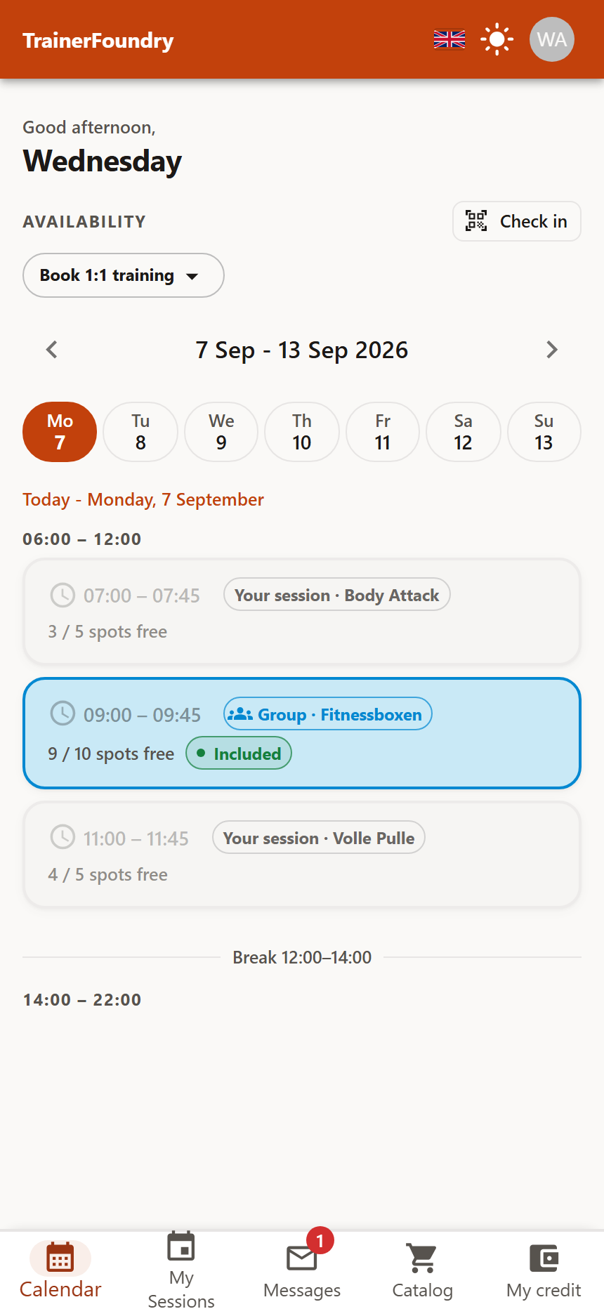 The Client App home screen on a phone: greeting, Check in button, the “Book 1:1 training” selector, a week strip and the day plan with open group slots and busy times.