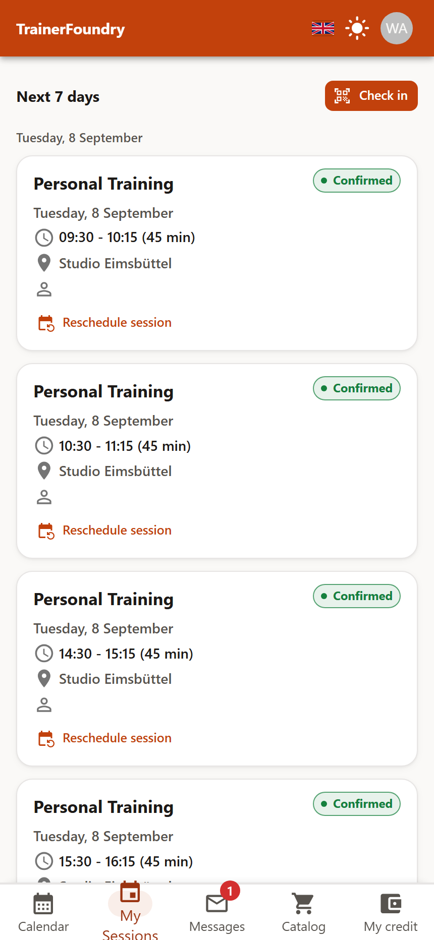 The “My Sessions” tab with four booking cards for Tuesday, each with training type, time, duration, location, the “Confirmed” badge and the “Reschedule session” action.
