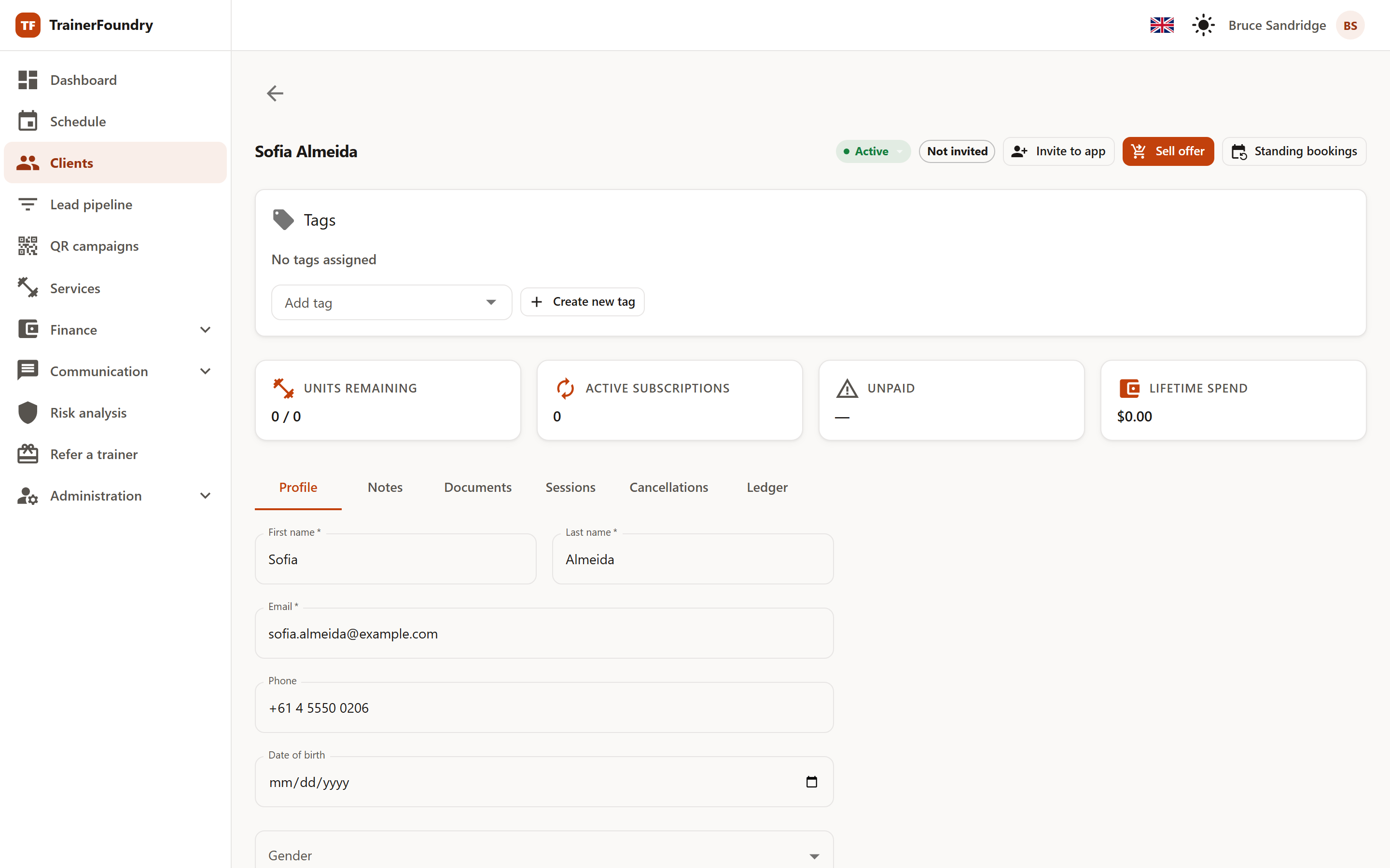 The client profile in TrainerFoundry with the summary strip and the Profile, Notes, Documents, Sessions, Cancellations and Ledger tabs.