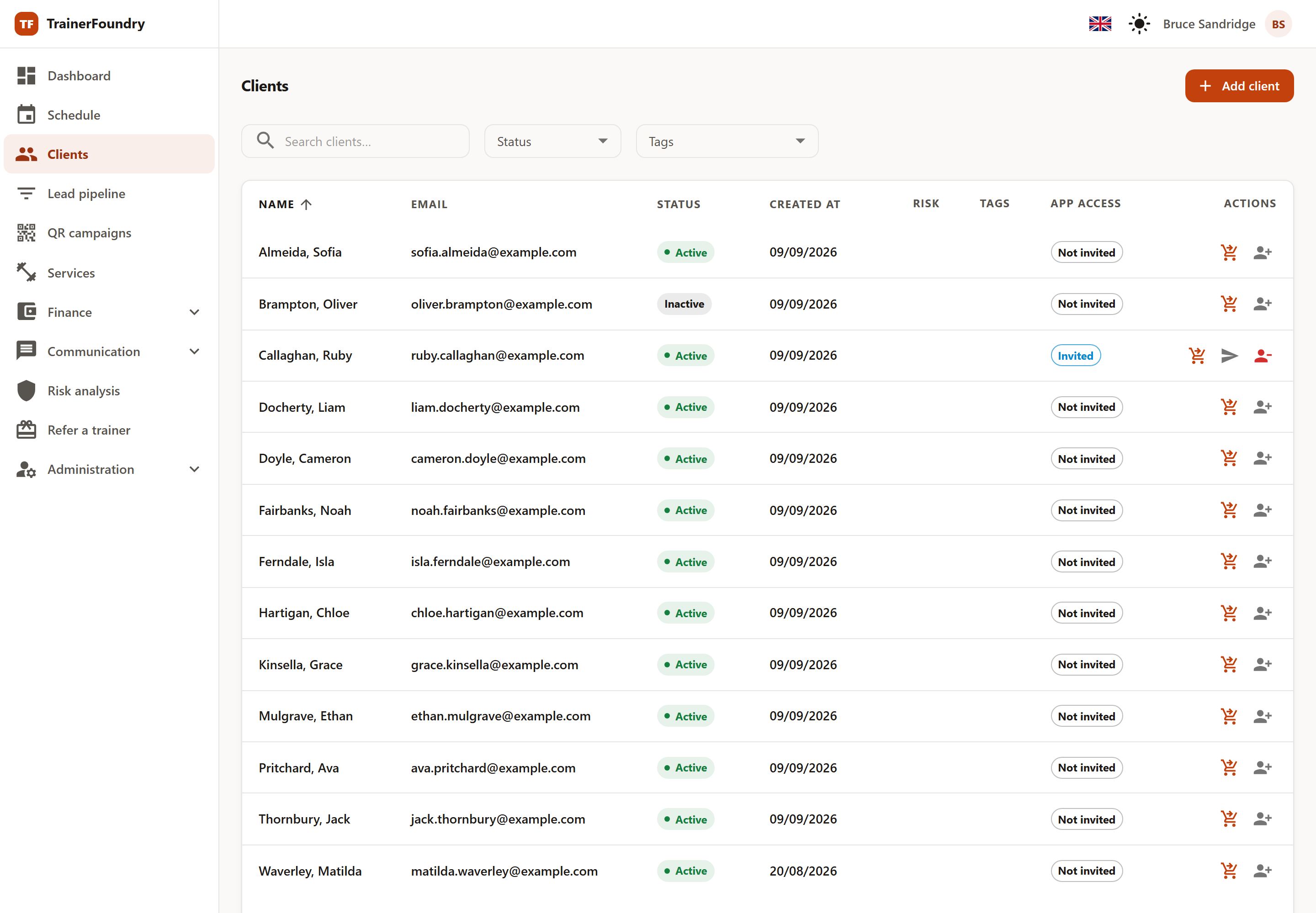 The client list in TrainerFoundry with the search field, status and tag filters, and the client table.