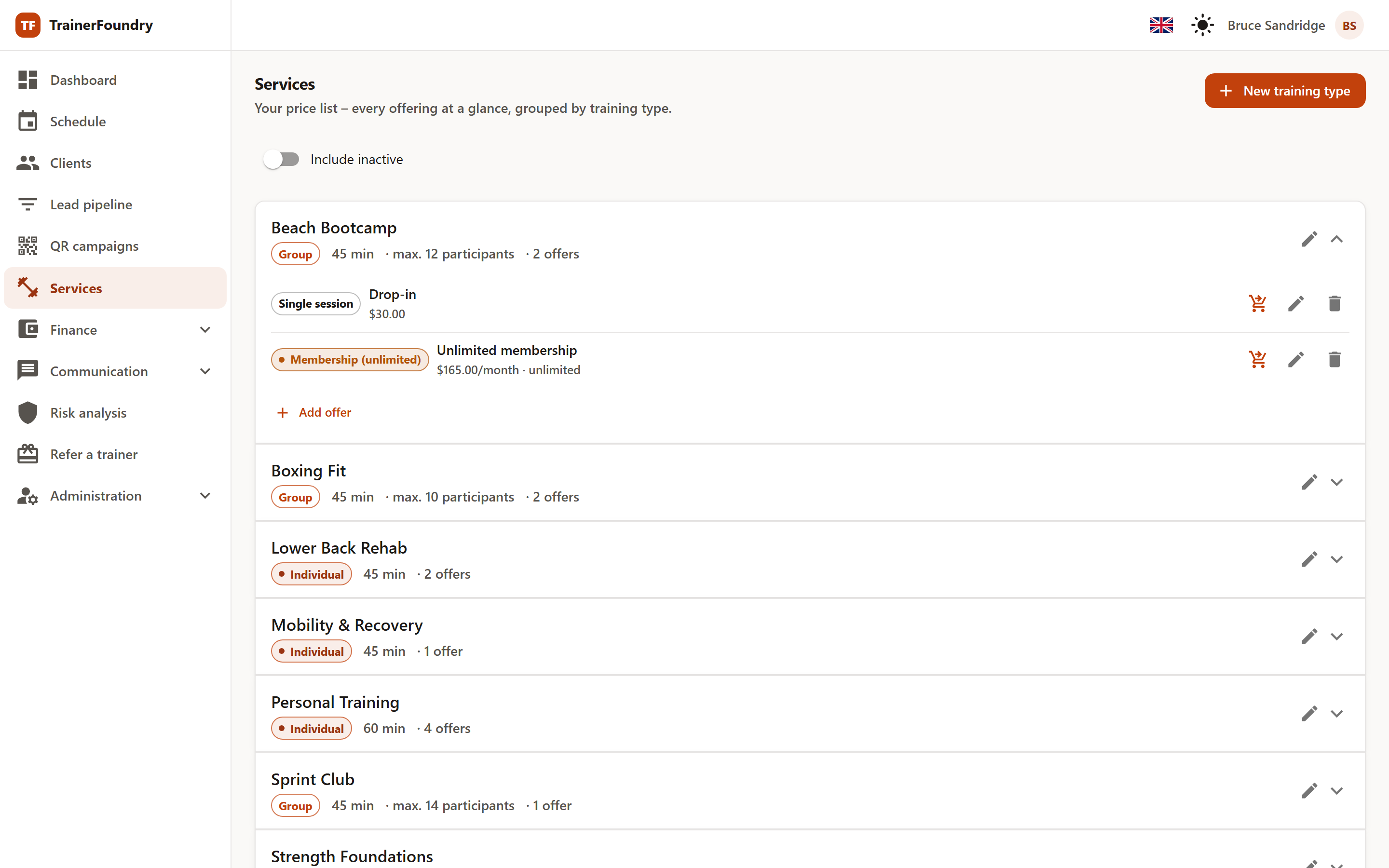 The services list in TrainerFoundry: training types as groups, with their offers underneath showing price and a Sell action.