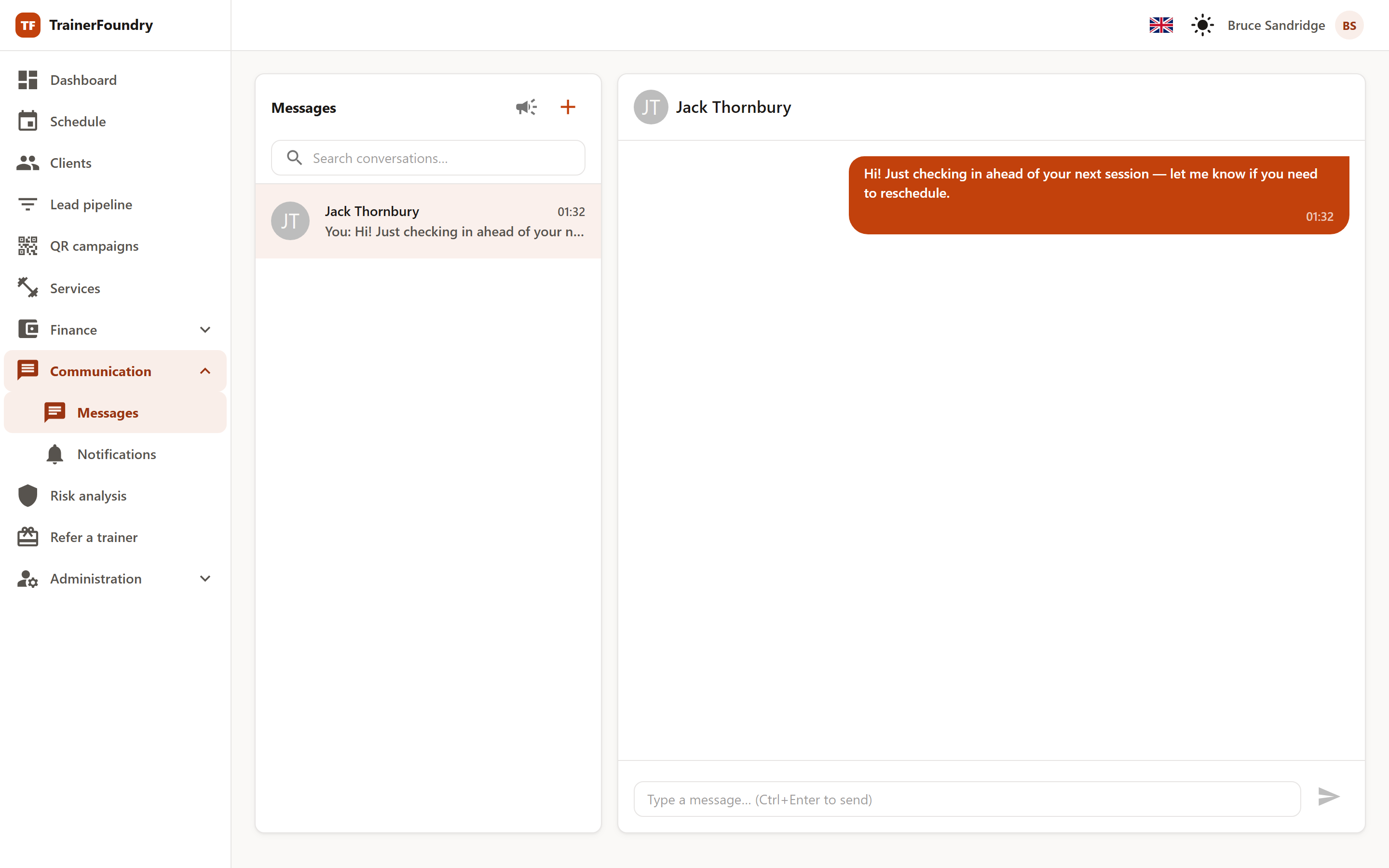 The Messages area with the conversation list on the left and the message history on the right, with the input field below.