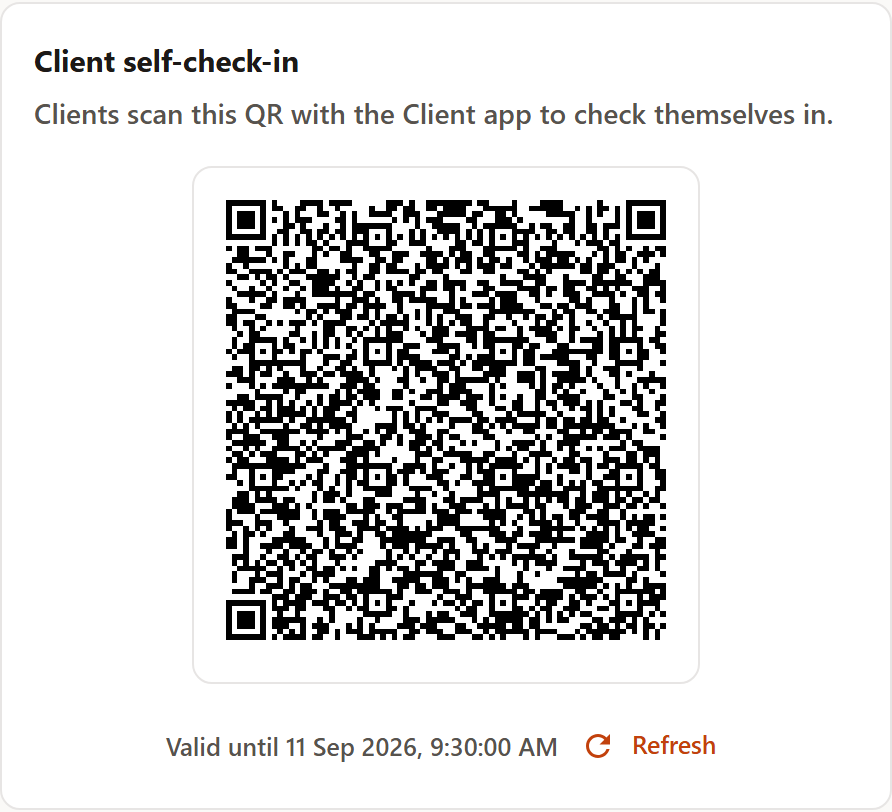 The “Self-check-in for clients” area with QR code, validity window and the Refresh button.