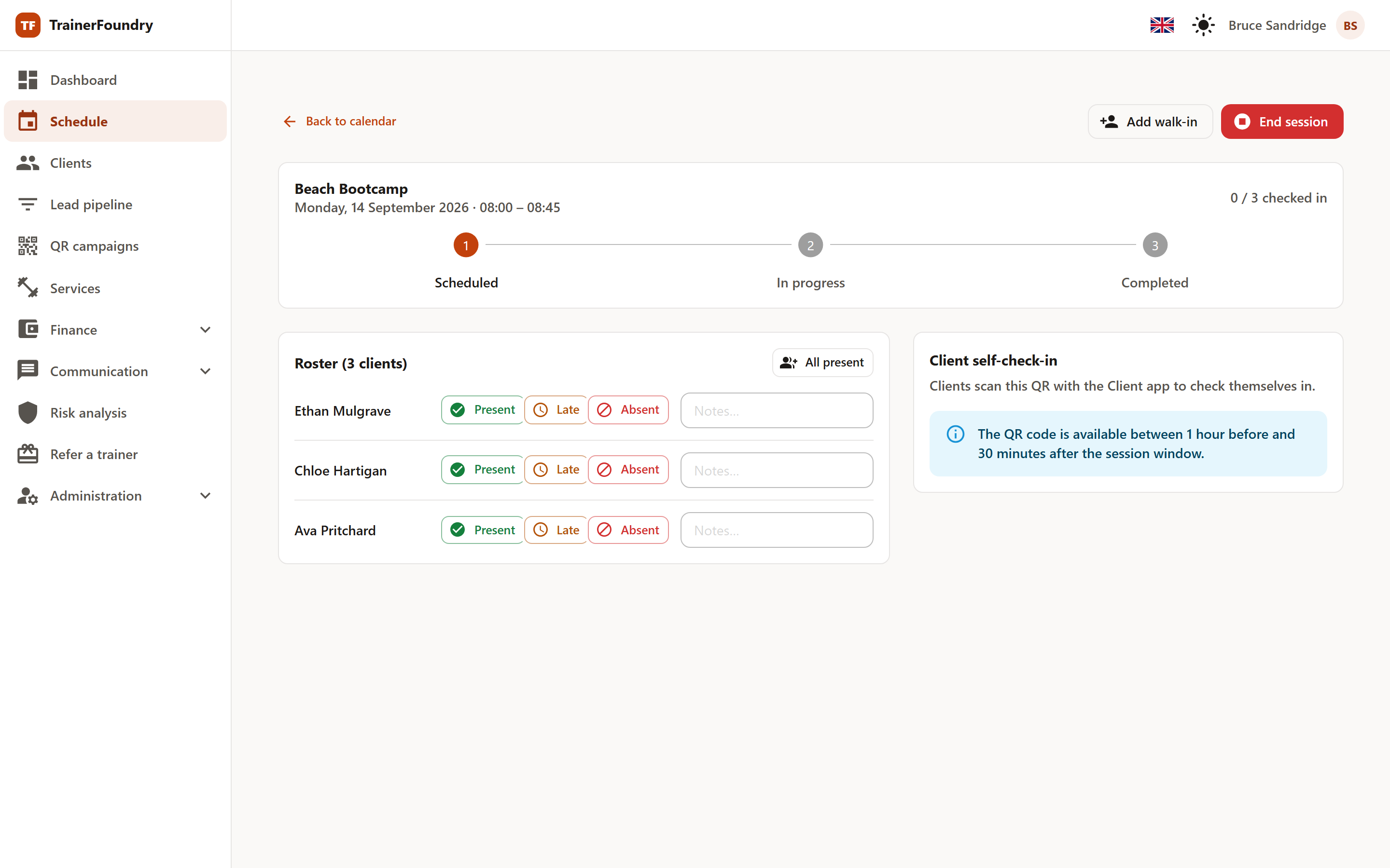 The session view with progress indicator, roster with the Present, Late and Absent buttons, and the self-check-in area.