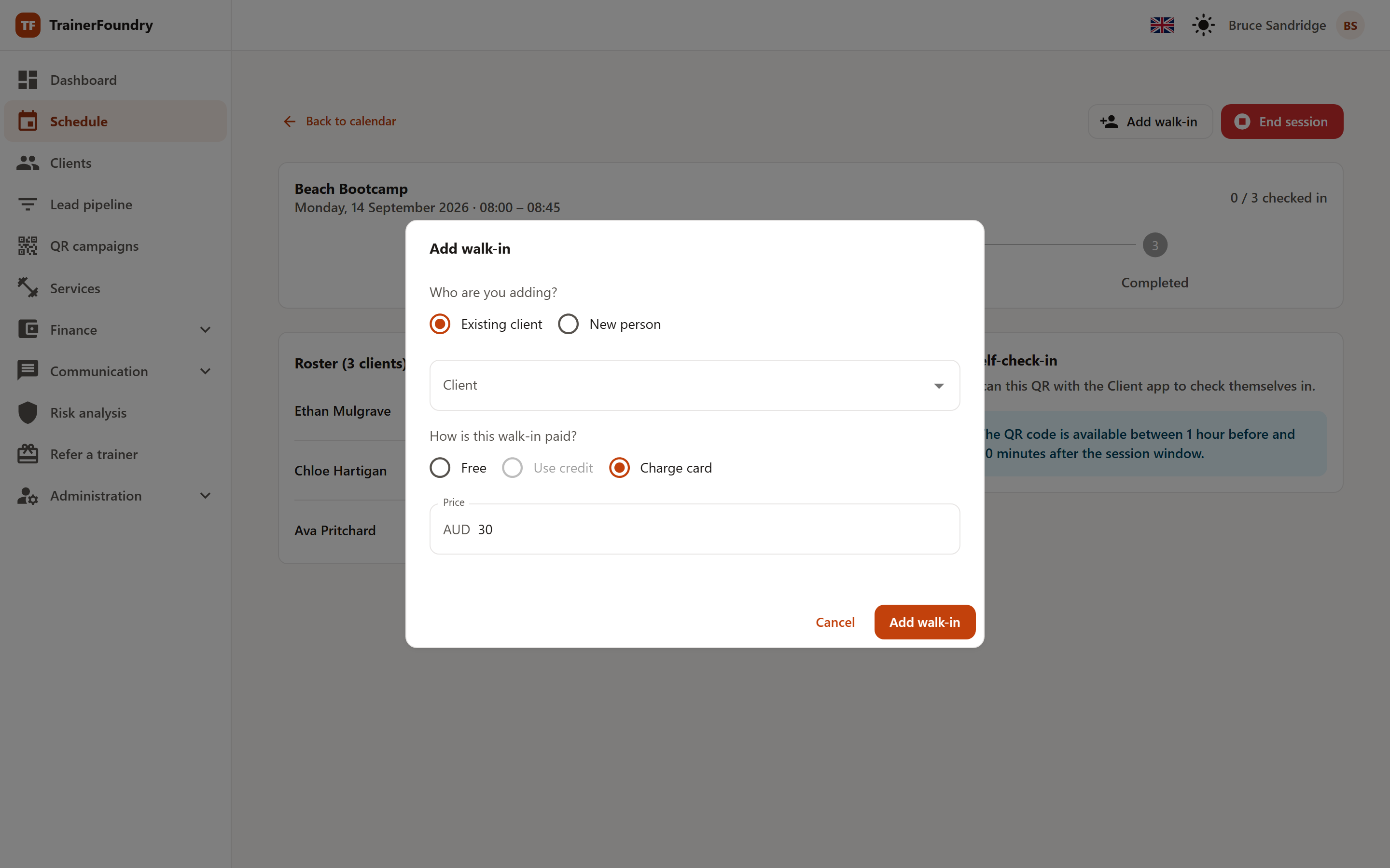 The “Add walk-in” dialog with the choice between existing client and new person, and the payment options; no client is picked yet, so “Charge card” is enabled at the session type's AUD 30 drop-in price while “Use credit” is disabled until a client is selected.