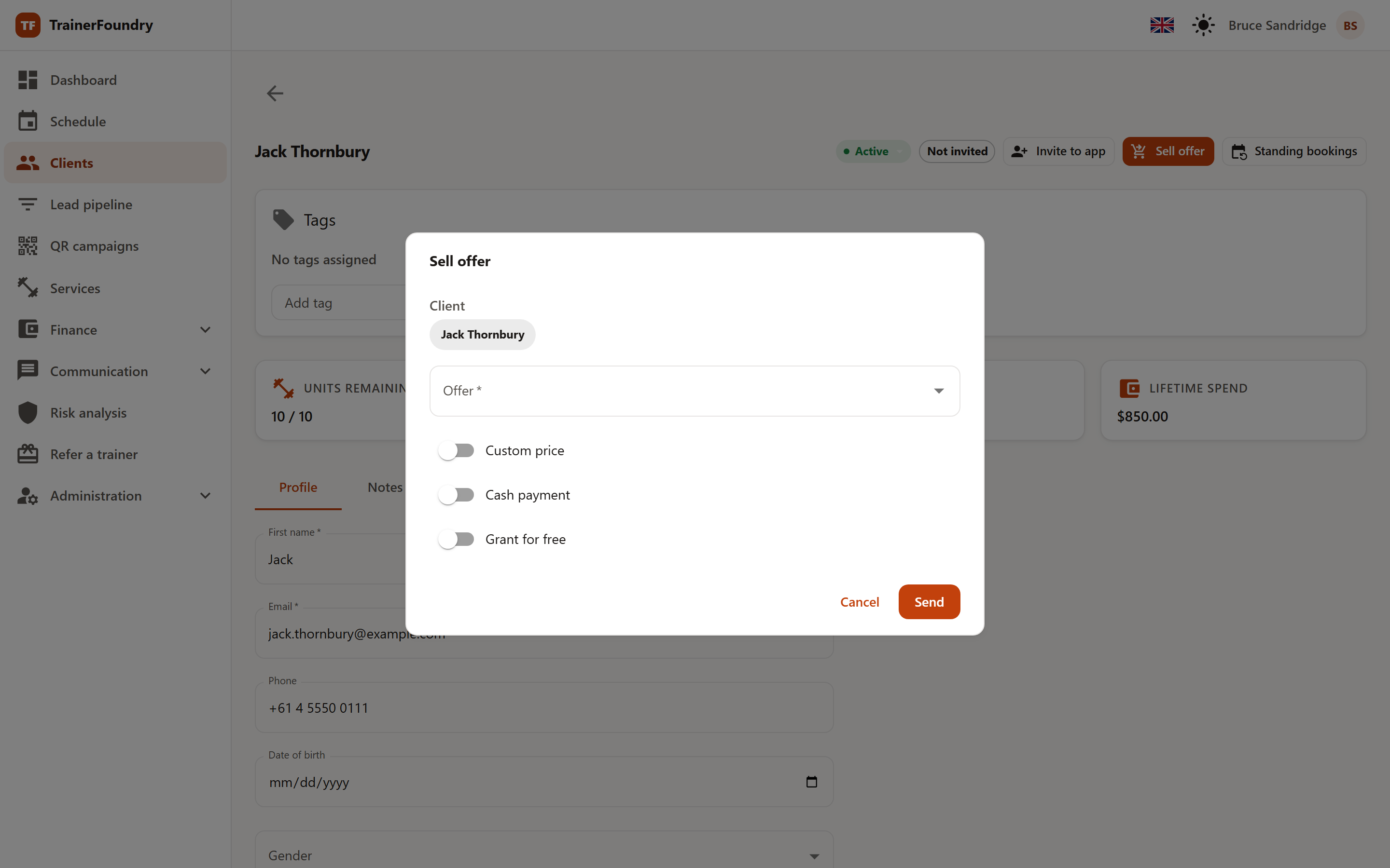 The 'Sell offer' dialog with client, offer selection and the Custom price, Cash payment and Grant for free toggles.