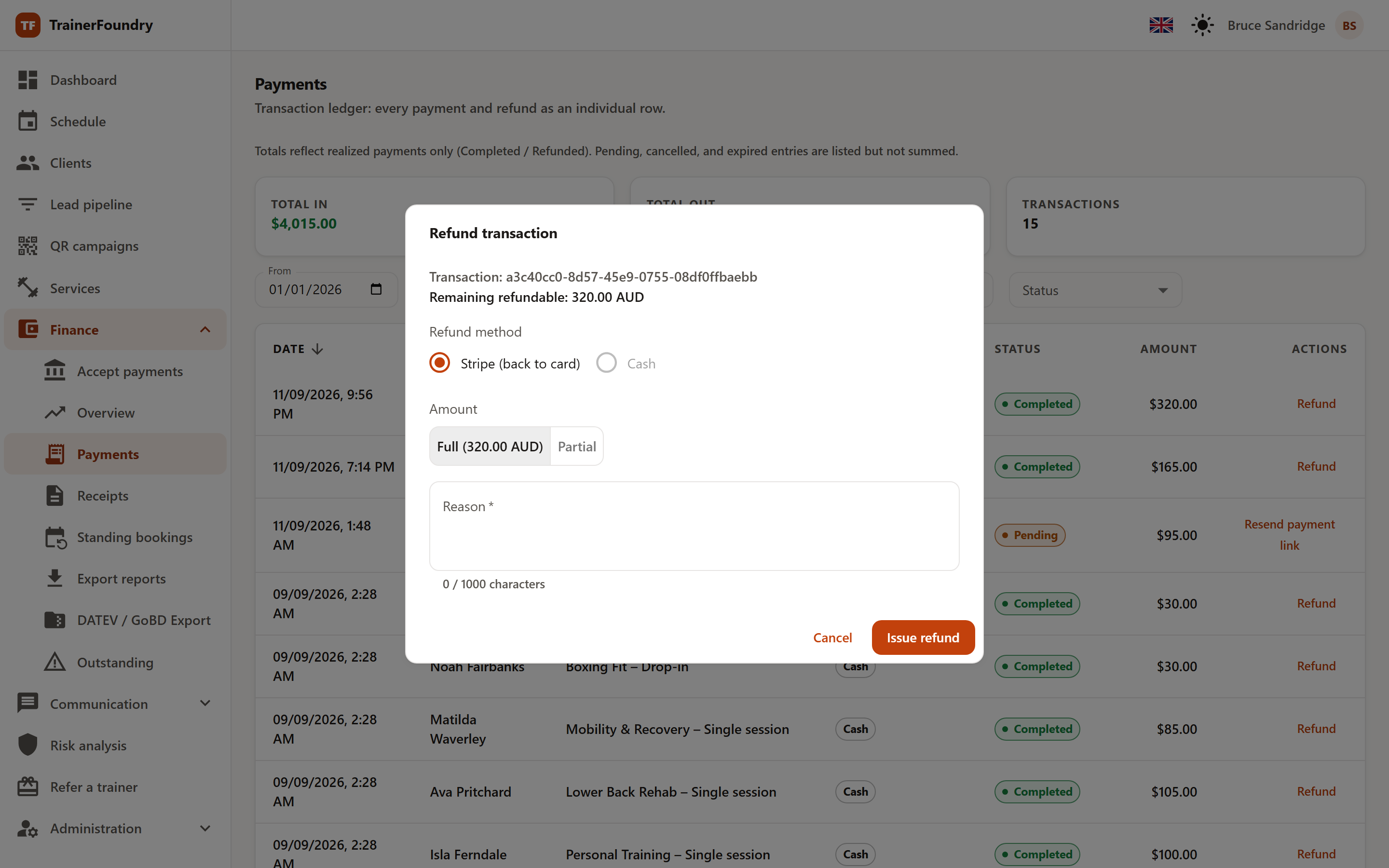 The 'Refund transaction' dialog with the remaining refundable amount, the Stripe or cash refund method, the choice between a full and a partial amount, and the reason field.