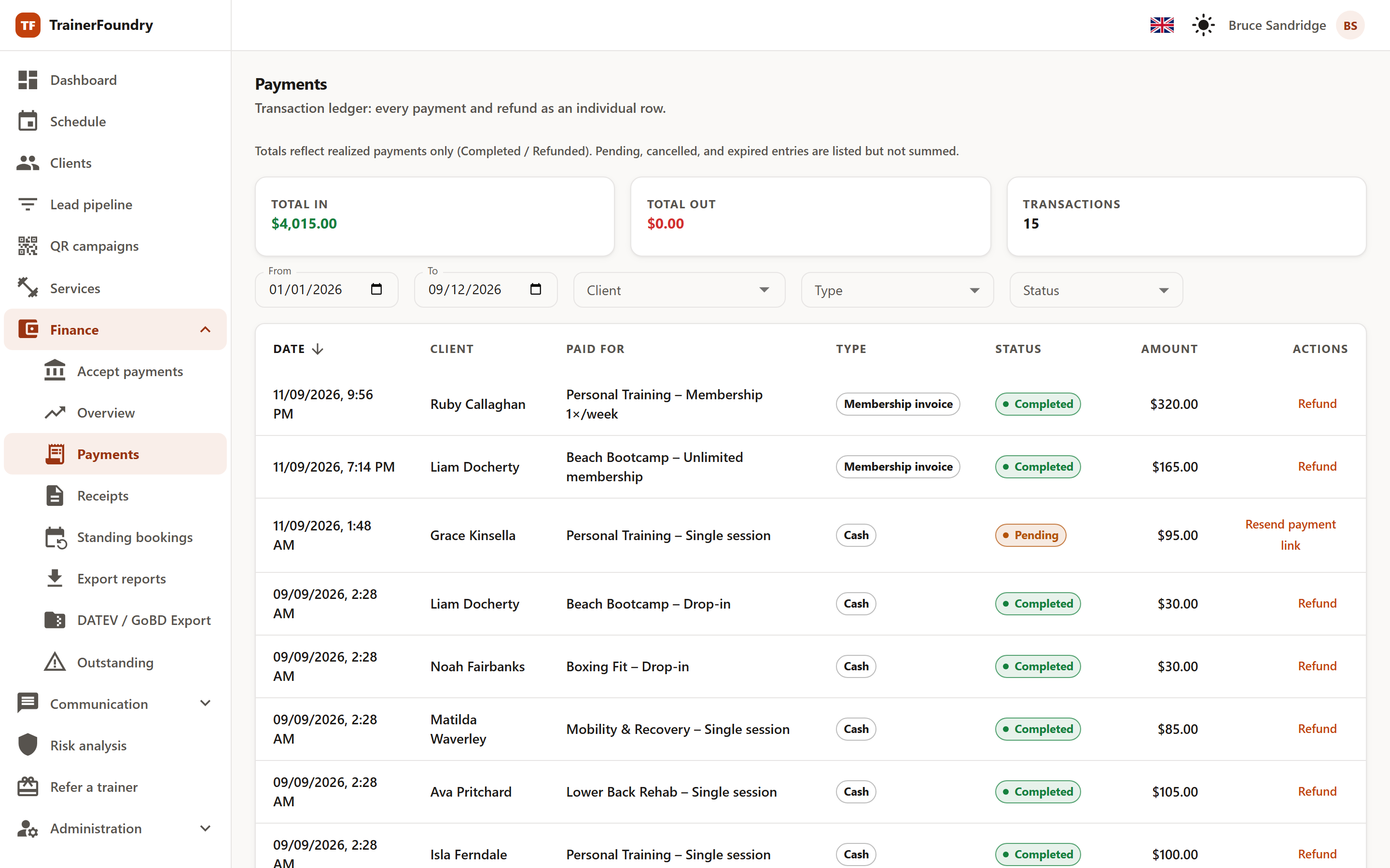 Screenshot: payment journal with Stripe payments